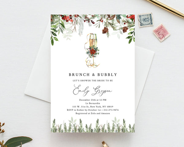 Brunch and Bubbly Bridal Shower Invitation Template, Christmas Bridal Shower Invite, Holidays Evergreen Bridal Shower Invites, Templett, W46