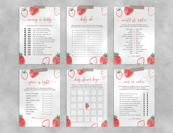 Berry Baby Shower Game Templates Bundle, Printable Strawberry Baby Shower Games Instant Download, Templett, B49
