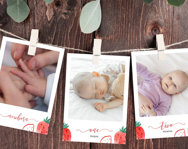 First Year Photos Banner Template, Printable Berry First Birthday Monthly Photo Banner, Strawberry 12 Months Photos, Templett, B49