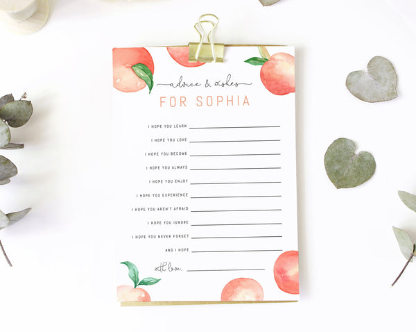 Peach Birthday Advice and Wishes Template, Printable Peach 1st Birthday Game, Wishes For The 1 Year Old, Templett, B15
