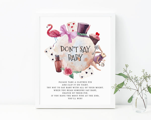 Don't Say Baby Game Template, Alice Themed Baby Shower Game Sign, Wonderland Clothespin Game, Don't Say The Word Clothes Pin Game, Templett