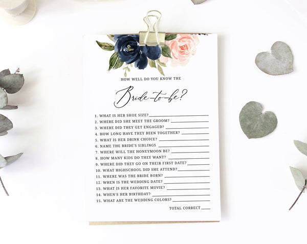 Navy & Blush How Well Do You Know The Bride, Bridal Shower Game Template, Instant Download, Engagement Party, Wedding Shower, Templett, W34