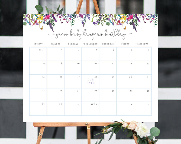 Colorful Floral Due Date Calendar Template, Baby Shower Calendar, Baby Due Date Game, Printable Baby Birthday Predictions, Templett, B16