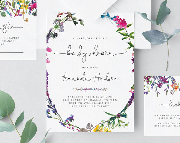 Colorful Spring Floral Baby Shower Invitation Template, Printable Vibrant & Colorful Wild Flowers Baby Shower Invitation, Templett, B16