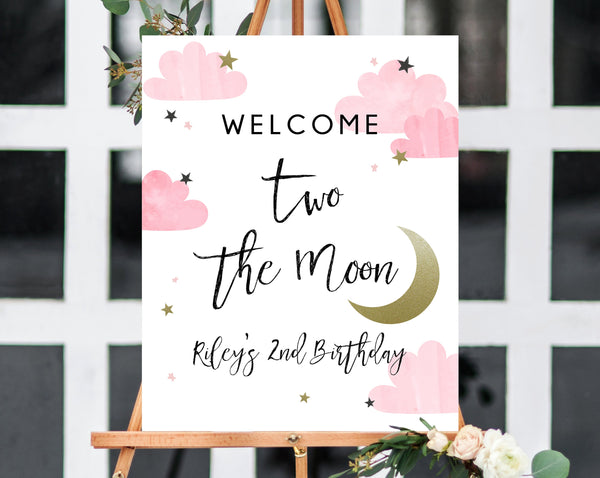 Two The Moon Welcome Sign Template, Printable Moon Themed Party Welcome Sign, Pink Birthday Signs, Editable, Templett