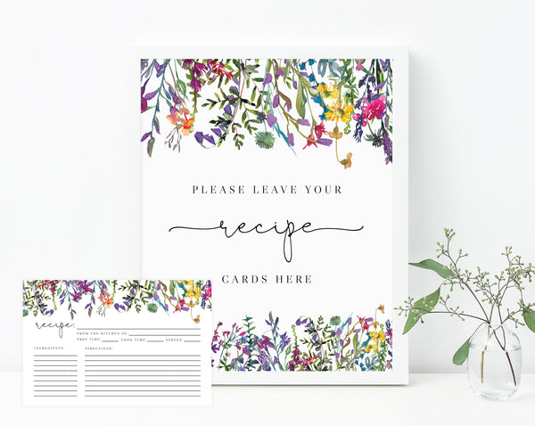 Wild Flowers Recipe Cards Template, Printable Spring Floral Recipes Sign, Wildflower Bridal Shower Recipe Card, Templett, B16