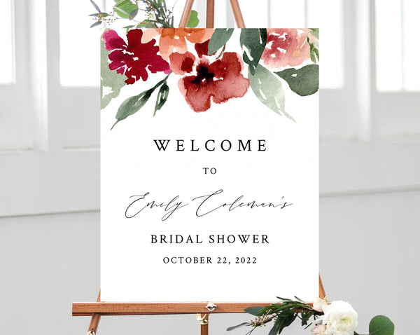 Burgundy & Blush Floral Bridal Shower Welcome Sign Template, Printable Bridal Shower Welcome Board, Instant Download, Templett, W45