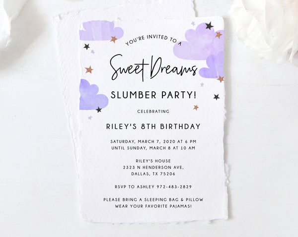Slumber Party Invitation Template, Printable Sweet Dreams Birthday Invite, Dream Themed Sleepover Invitation, Instant Download, Templett