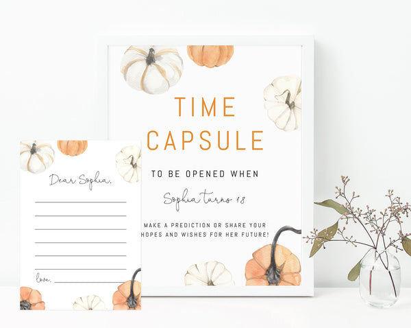Pumpkin Time Capsule Sign Template, Printable Pumpkin Themed Time Capsule, Editable First Birthday Time Capsule Notes, Templett, B35