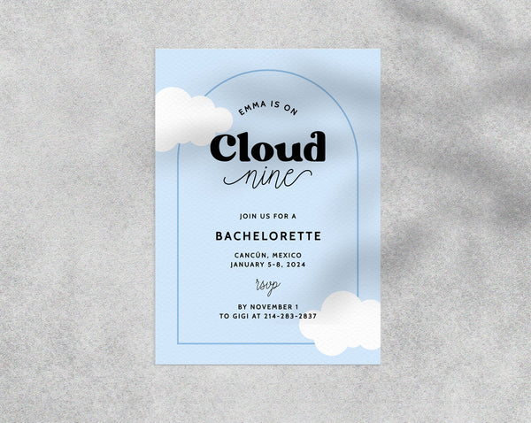 Cloud Nine Bachelorette Invitation Template, Printable Bachelorette Party Invite, Bachelorette Itinerary, Editable Template, Templett