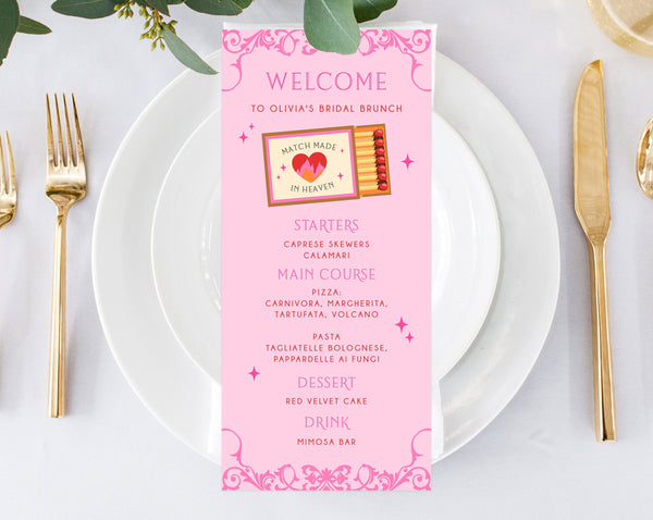 Match Made In Heaven Bridal Brunch Menu Template, Editable Perfect Match Theme Menu, Bridal Shower Menu, Templett